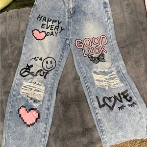 SHEIN Kids Blue Jeans with Pink and Black Graphics
